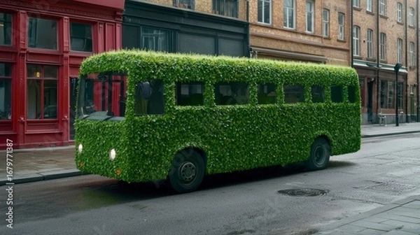 Fototapeta A whimsical green bus covered in vibrant leaves parked on a city street, blending nature with urban architecture