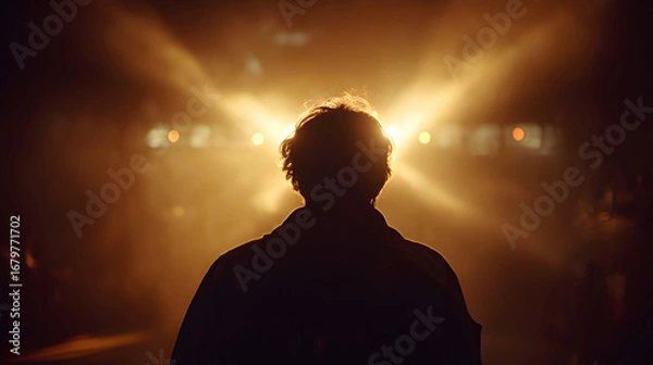 Fototapeta Silhouette of a person standing against a bright  illuminated spotlight stage with confidence background