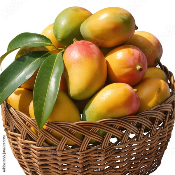 Fototapeta A Wicker Basket Overflowing with Ripe, Colorful Mangoes