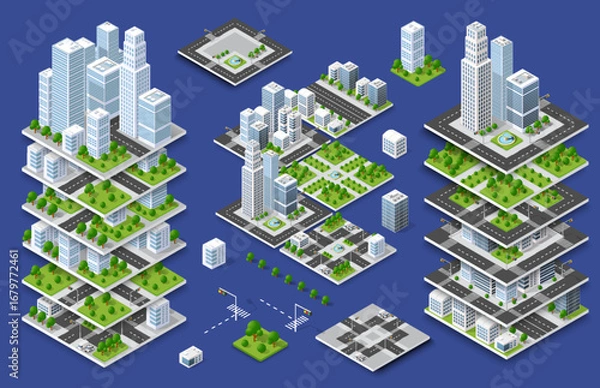 Fototapeta Urban modular isometric city constructor elements creating futuristic layered metropolis
