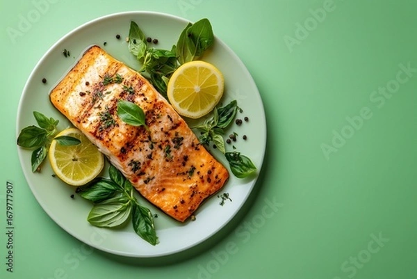 Fototapeta Fish steak with lemons on a green plate photo for advertising