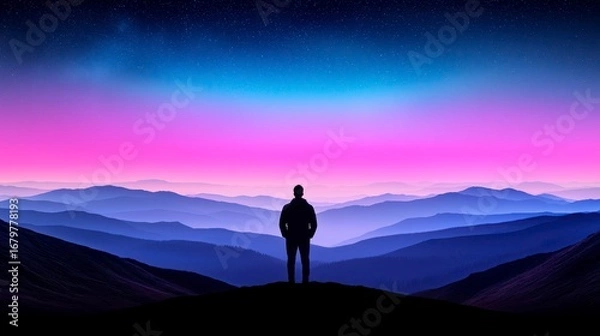 Fototapeta A solitary figure gazes over a breathtaking landscape at twilight, surrounded by rolling hills and a vibrant sky.