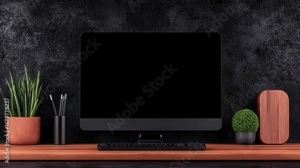 Fototapeta Modern desktop workspace featuring a sleek computer monitor, stylish potted plants, and organized accessories on a wooden shelf