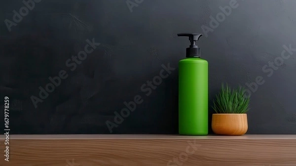 Fototapeta A vibrant green bottle and a small potted plant create a refreshing and modern aesthetic on a wooden shelf against a dark textured background.