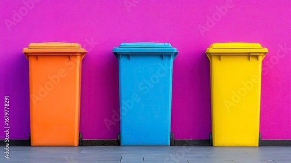 Fototapeta Vibrant, colorful waste bins lined against a striking pink wall, showcasing modern urban design and eco-friendly practices