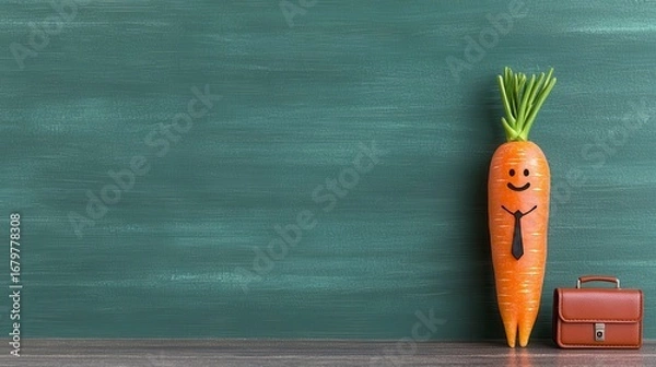 Fototapeta A whimsical carrot character in a business suit poses beside a briefcase against a chalkboard background.