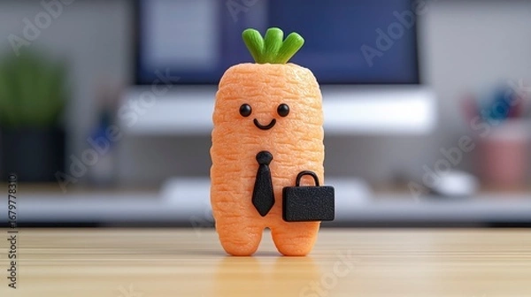 Fototapeta A quirky carrot figurine dressed in a business suit, bringing a playful twist to corporate culture in a modern office setting