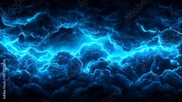 Fototapeta Eerie and dramatic electric blue thunderstorm clouds illuminated by flashes of lightning in a moody sky.