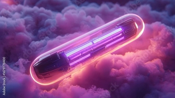 Fototapeta Futuristic capsule hovering amidst colorful clouds in a surreal and dreamlike space environment, illuminated by glowing neon lights.