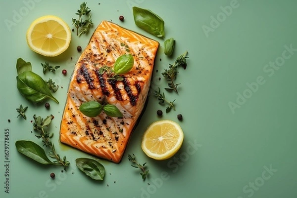 Obraz Salmon steak with lemons on green background