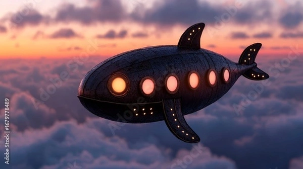 Fototapeta Whimsical flying submarine-shaped aircraft gliding through vibrant clouds at sunset, showcasing imaginative design and creativity