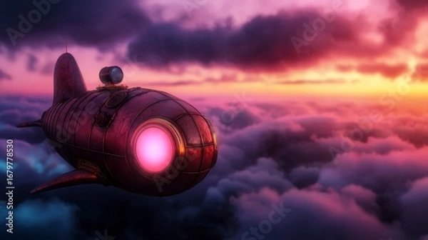 Fototapeta A whimsical steampunk submarine gliding through vibrant clouds at sunset, showcasing imaginative design and adventure.