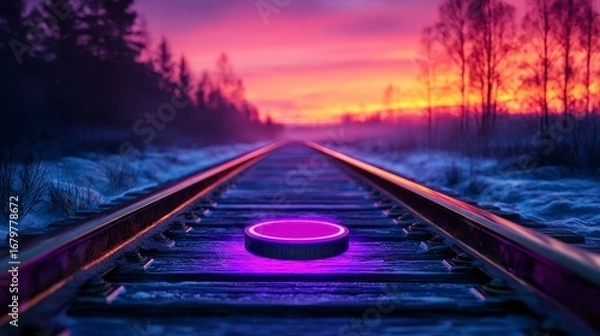 Fototapeta A colorful sunset over misty railway tracks featuring glowing purple disc creating an otherworldly atmosphere