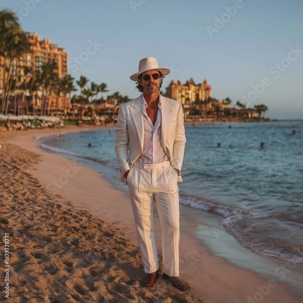 Fototapeta Man in white suit and white hat on the beach on a sunny day