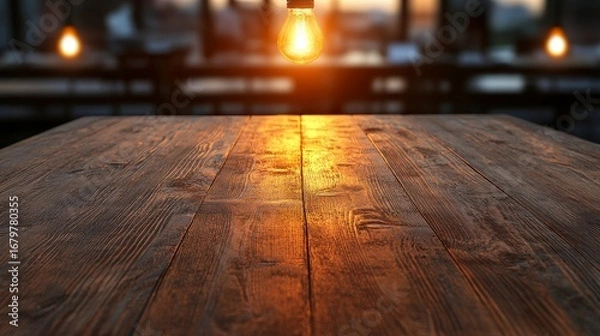 Fototapeta Beautiful wooden table with glowing light bulb in a cozy cafe during sunset, creating a warm atmosphere for relaxation