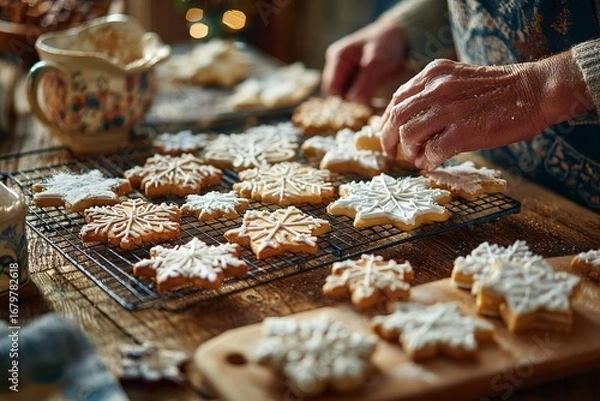 Fototapeta Homemade Christmas cookies with icing on cooling rack
