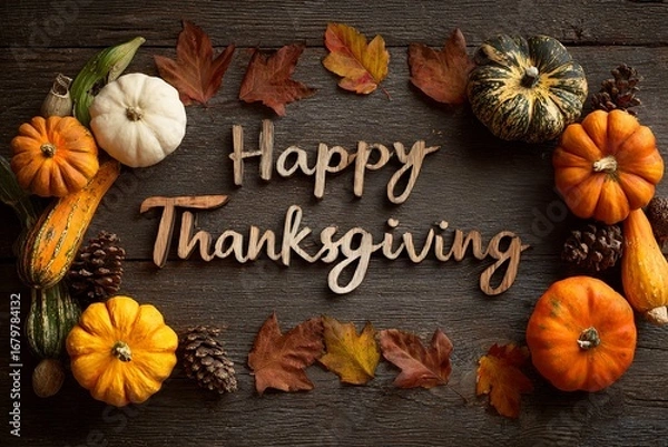 Fototapeta Happy Thanksgiving text with pumpkins and autumn leaves