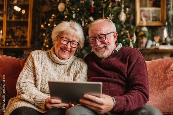 Fototapeta Happy senior couple sitting on couch with tablet / senior couple with tablet computer