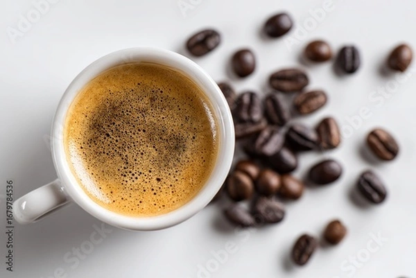 Fototapeta “Hot espresso coffee in white cup with roasted beans on table / cup of coffee with beans