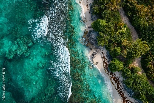 Fototapeta Aerial view of tropical coastline with turquoise ocean and lush forest /  Drone shot of clear blue sea waves crashing on sandy beach