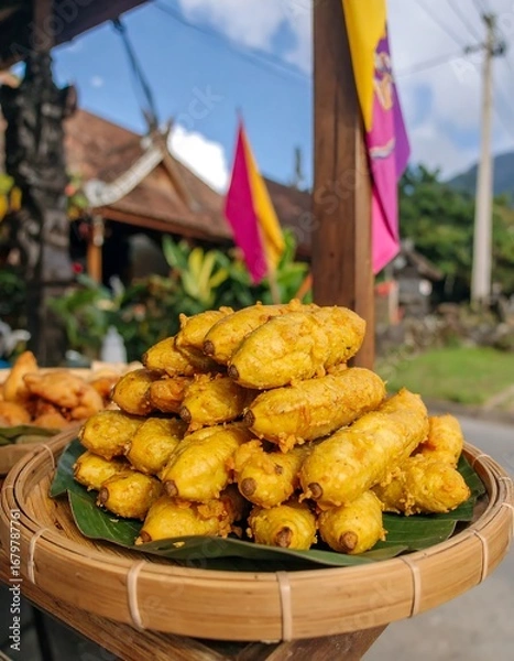 Fototapeta Golden fried banana slices are piled high in a rustic bamboo container, showcasing a delicious street food treat.
