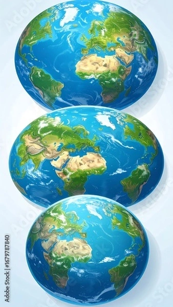 Fototapeta Three globes of the earth show continents and oceans in vibrant colors.