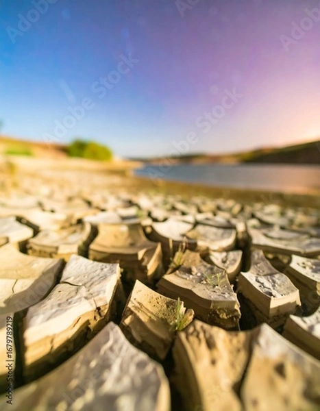 Fototapeta Close-up view of cracked earth near a receding body of water, highlighting the impact of drought.