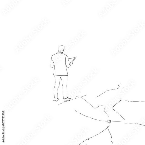 Fototapeta Business man reading document standing on cracked ground vector illustration line art drawing design concept