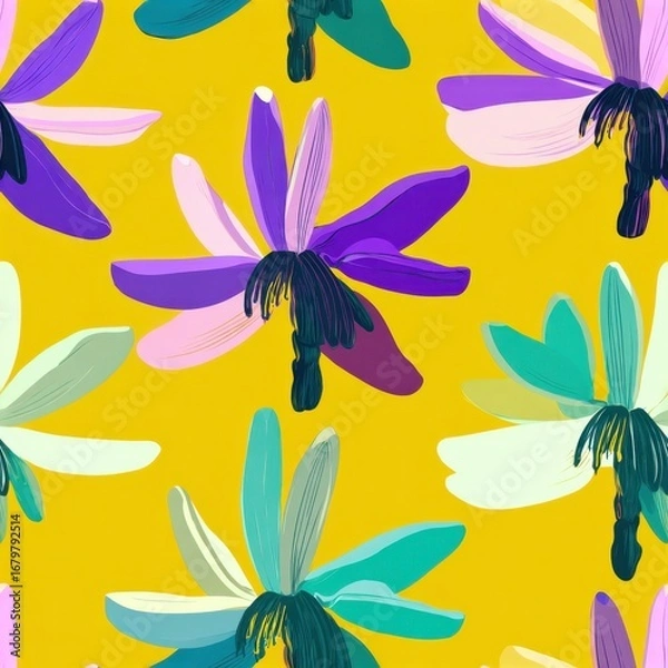 Obraz Vibrant Abstract Floral Pattern with Bold Yellow Background.