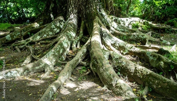 Fototapeta Extensive tree roots spread out across the forest floor, showcasing a network of woody branches.