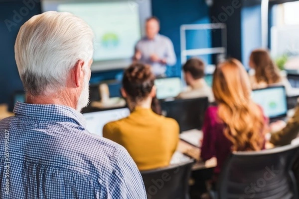 Fototapeta Senior Professional Leading Team Workshop with Employees in Modern Office.