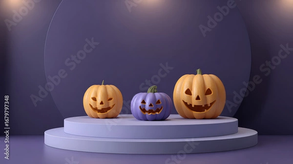 Fototapeta 3D Pumpkins for Halloween and Empty Product Stand, Podium