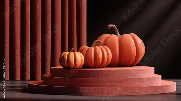 Fototapeta 3D Pumpkins for Halloween and Empty Product Stand, Podium