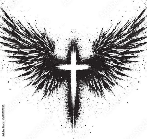 Obraz Dramatic black and white illustration of a cross with angel wings, grunge style design