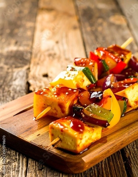 Fototapeta Deliciously glazed tofu and vegetable skewers sit on a wooden cutting board, showcasing a vibrant array of colors and textures.