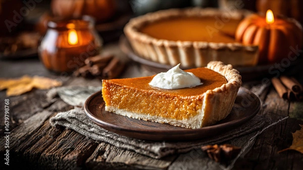 Fototapeta A while Fresh fresh-baked pumpkin Pie on a brown wooden table. Pumpkin Pie is enjoyed worldwide for holidays and special events