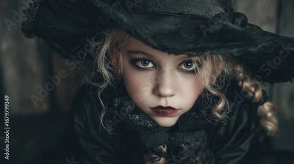 Fototapeta  A young girl in the image of a witch, in a black hat and a black dress with makeup in a gothic style, looks like a witch