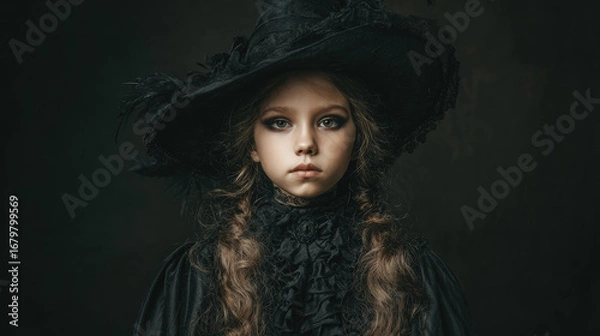 Fototapeta  A young girl in the image of a witch, in a black hat and a black dress with makeup in a gothic style, looks like a witch