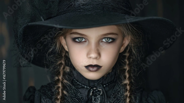 Fototapeta  A young girl in the image of a witch, in a black hat and a black dress with makeup in a gothic style, looks like a witch