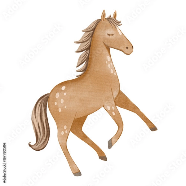 Fototapeta Beige horse with white spots painted in delicate watercolor style. Ideal for children’s books, nursery decor, prints, and educational projects.