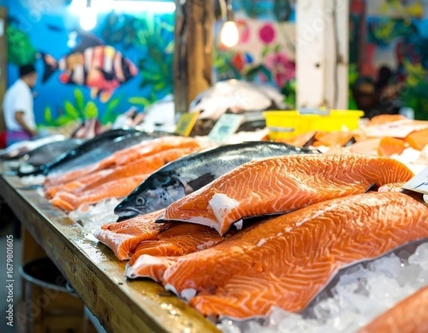Fototapeta Fresh salmon fillets, displayed on ice, at a bustling fish market.