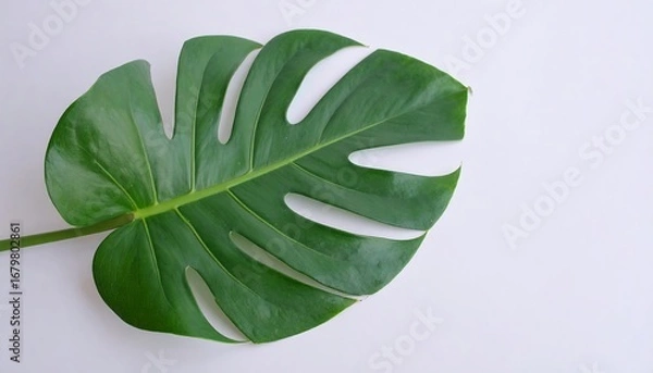 Fototapeta A vibrant, lush monstera leaf stands out against a plain white background, showcasing intricate patterns and a rich green hue.