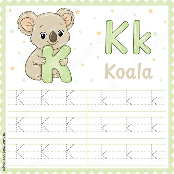Obraz Letter K Tracing Worksheet Cute Koala Alphabet Printable for Kids