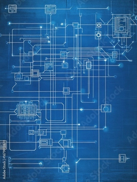 Fototapeta Complex blue circuit board design featuring intricate lines and components illustrating advanced technology and electronic connections