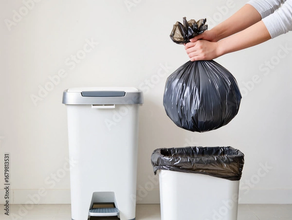 Fototapeta Person taking out the trash disposing of a full garbage bag