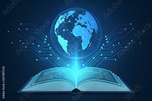 Fototapeta Opened book with globe digital art abstract blue background/ global knowledge, education, E-learning, international literacy day concept art