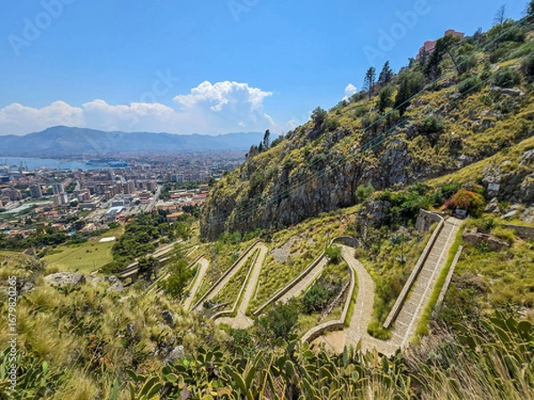 Obraz View of the winding old stone path leading up Mount Pellegrino, Sicily