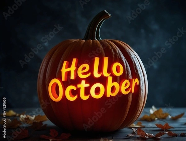 Obraz Carved pumpkin with glowing October message and leaves