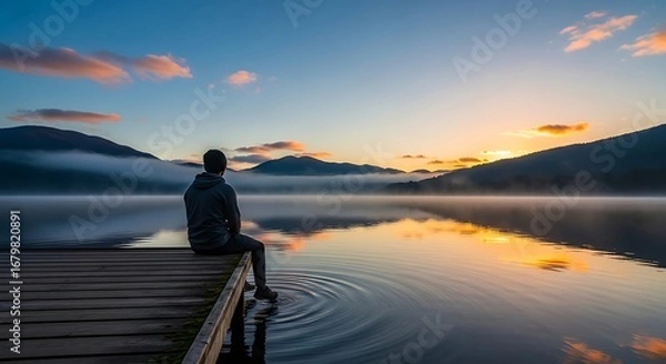 Fototapeta Solitude by the Shore: A contemplative individual sits on a wooden pier, gazing serenely at the tranquil lake during the golden hour, embodying moments of peace, reflection.