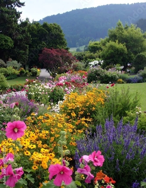 Fototapeta A vibrant flower garden displays a profusion of colorful blooms, extending to a tranquil landscape with rolling hills beyond.